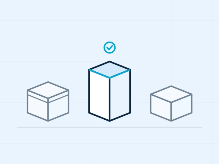 Line illustration of three packaging constructions side by side with the middle one marked as chosen