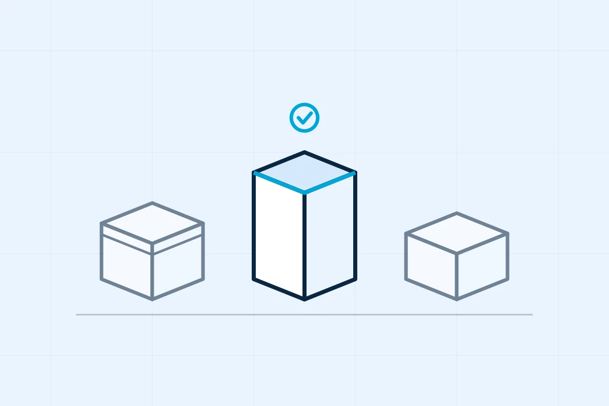 Line illustration of three packaging constructions side by side with the middle one marked as chosen