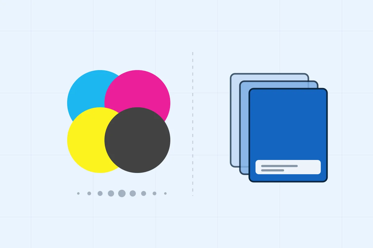 Illustration contrasting four overlapping process ink circles with a single solid spot colour swatch