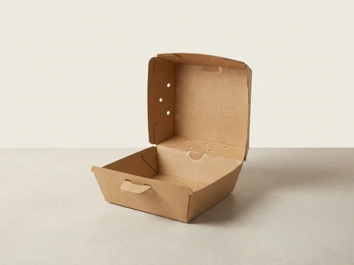 Custom burger boxes, shown open to reveal the construction