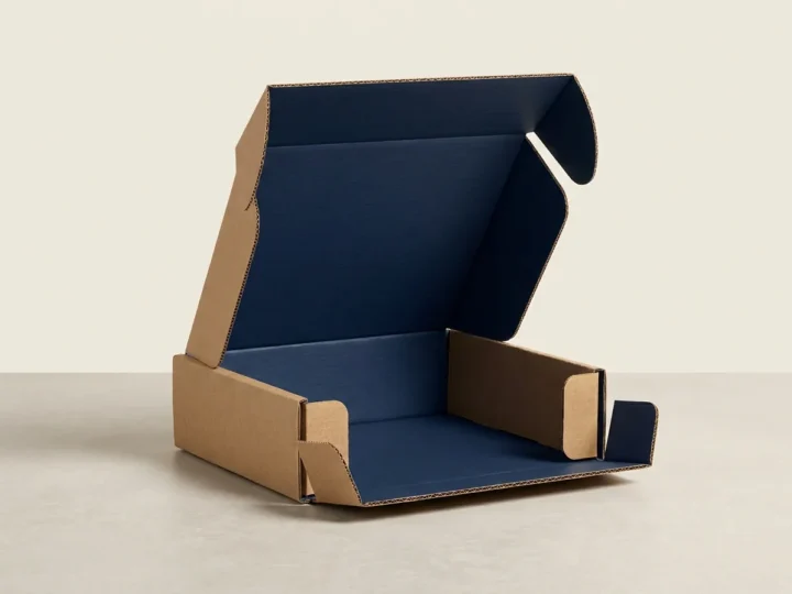 Custom corrugated mailer box, shown open to reveal the construction