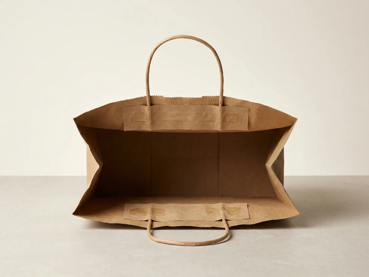 Custom kraft paper bags, shown open to reveal the construction