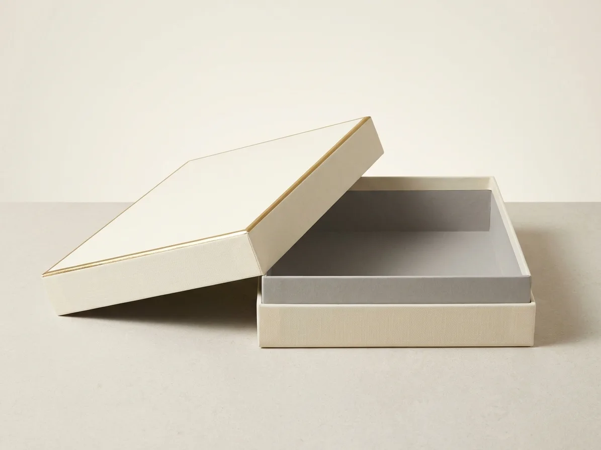 Custom lid & base rigid box, shown open to reveal the construction