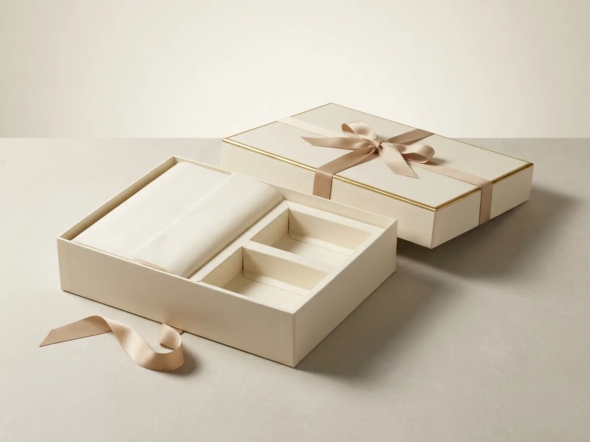 Custom luxury gift box, shown open to reveal the construction