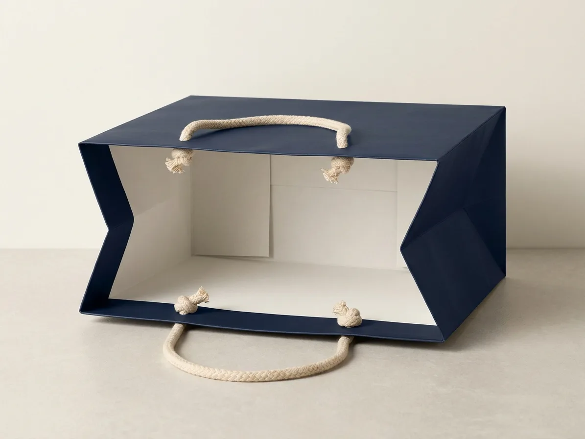 Custom luxury paper bags, shown open to reveal the construction
