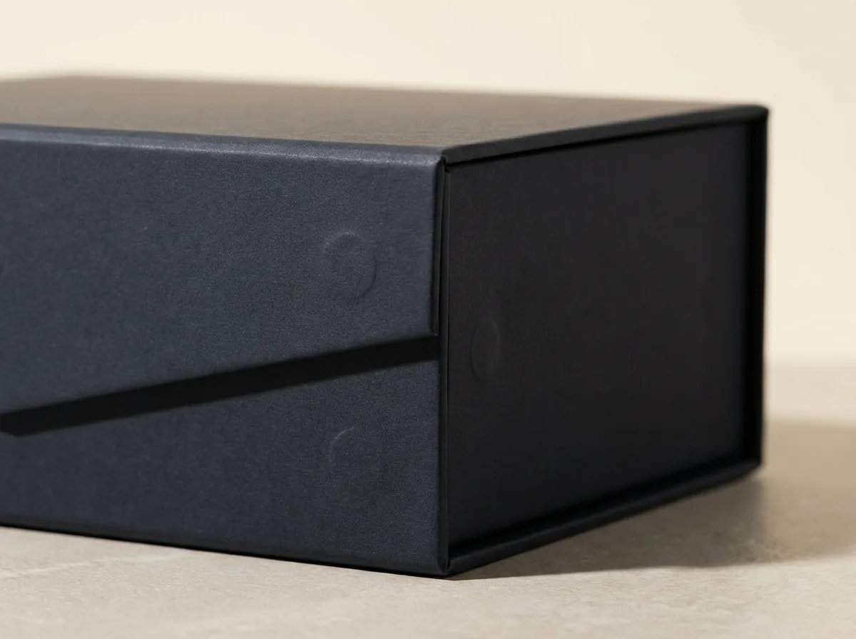 Custom magnetic closure rigid box detail view