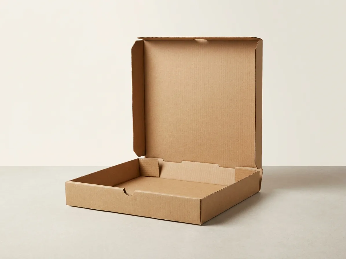 Custom pizza boxes, shown open to reveal the construction
