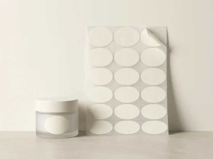 Custom product labels, shown as a die-cut sheet to reveal the construction