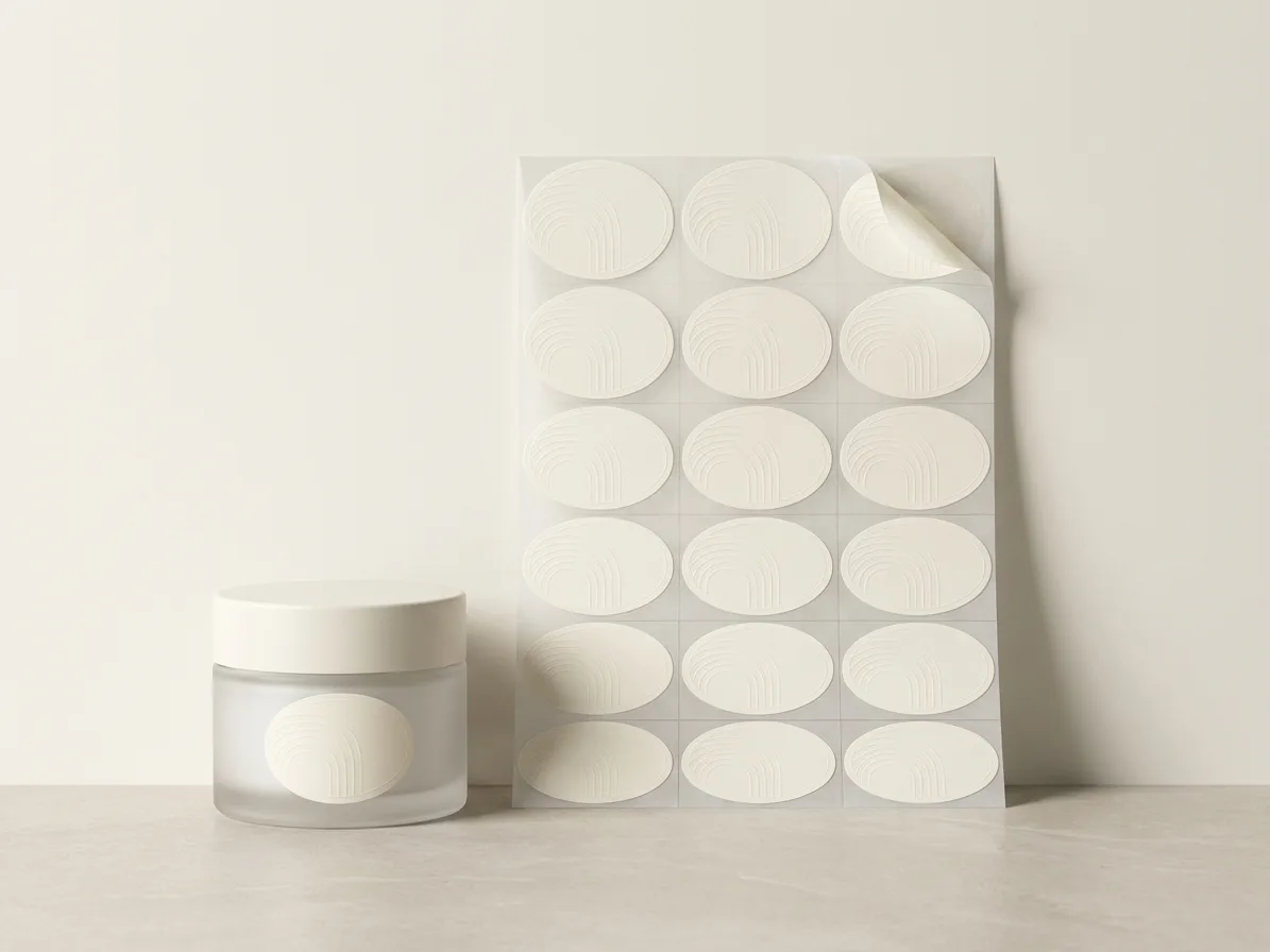 Custom product labels, shown as a die-cut sheet to reveal the construction