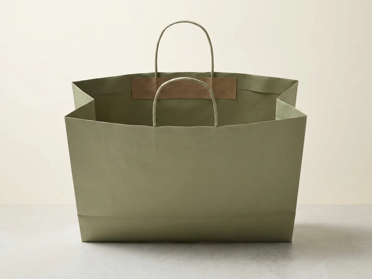 Custom shopping bags, shown open to reveal the construction