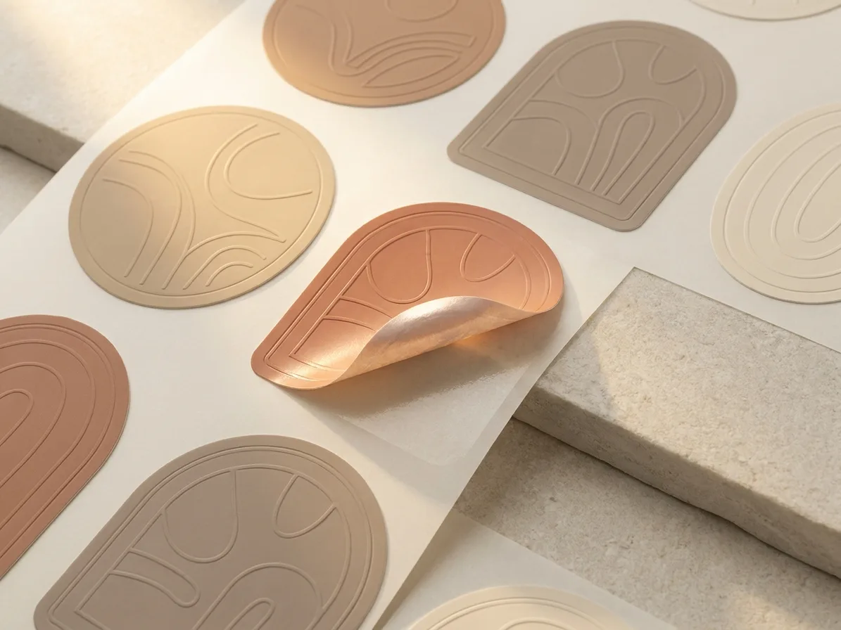 Custom stickers, half-peeled to reveal the construction