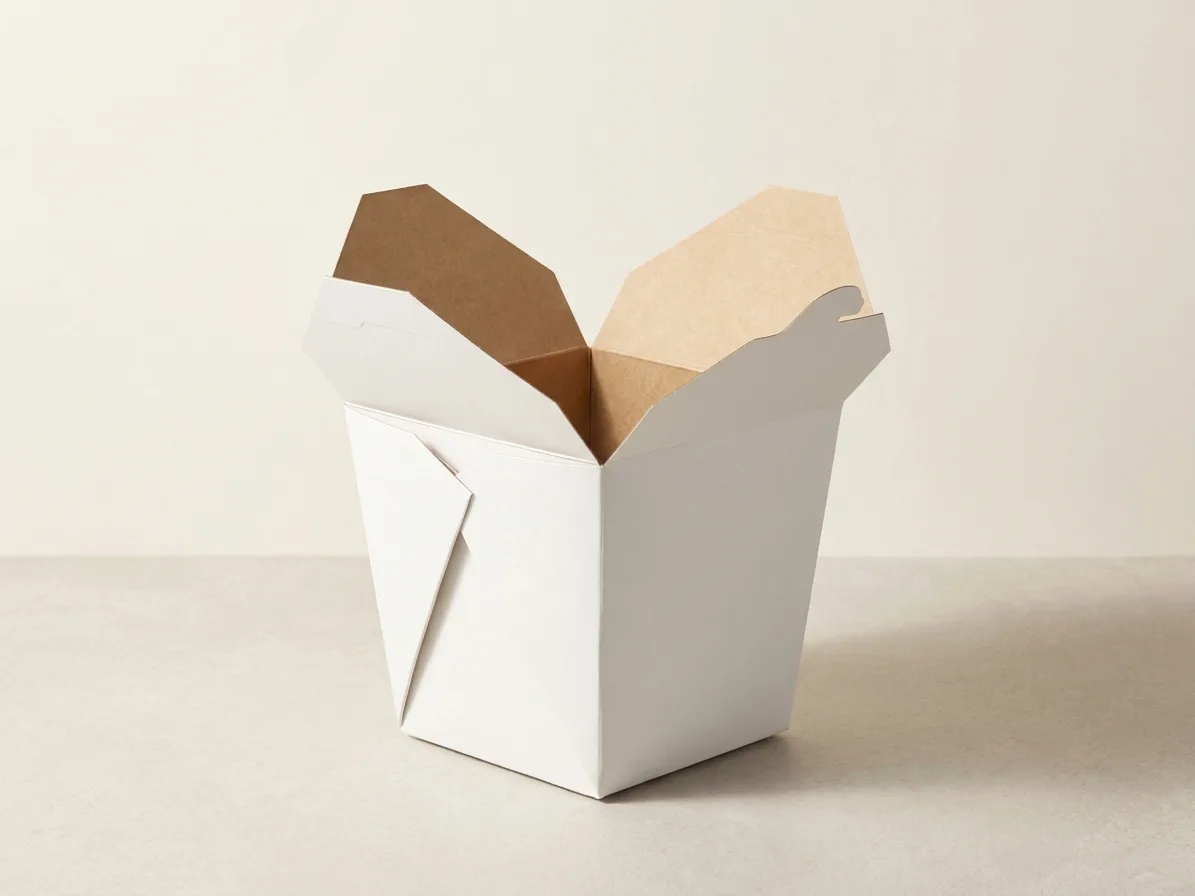 Custom takeaway boxes, shown open to reveal the construction