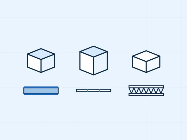 Three packaging constructions shown above cross sections of wrapped greyboard, creased paperboard and fluted corrugated board