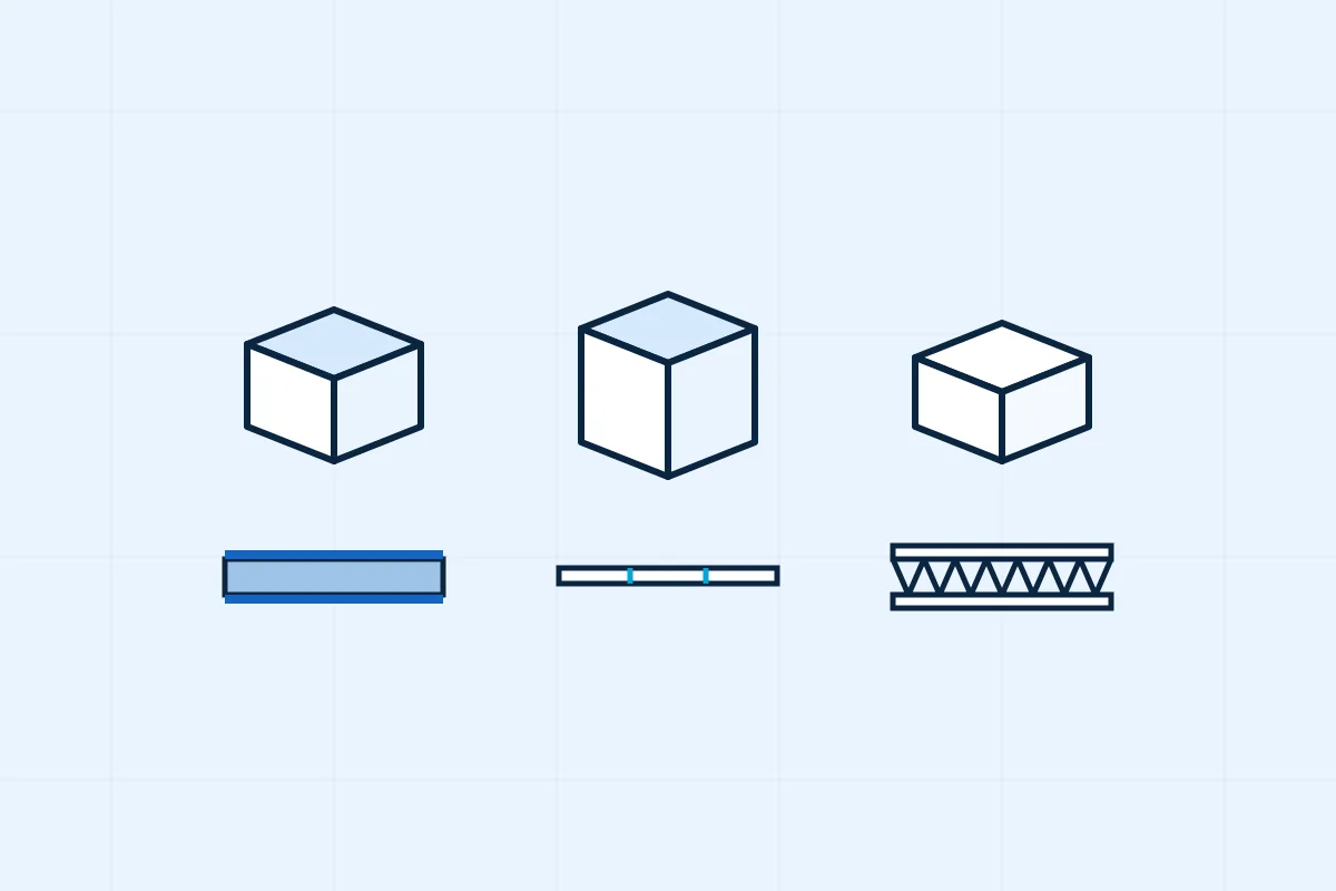 Three packaging constructions shown above cross sections of wrapped greyboard, creased paperboard and fluted corrugated board